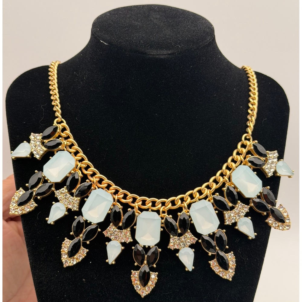 Talbots Matte Gold Tone Black & Blue Resin Rhinestone Statement Bib Necklace